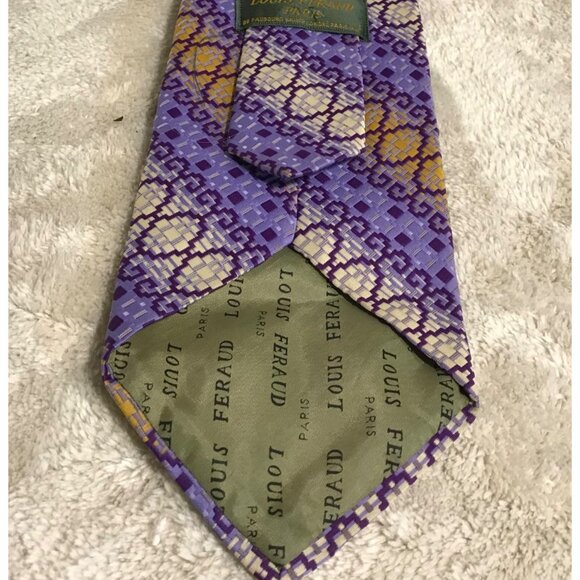 Louis Feraud Paris Designer Silk Tie Purple & Yellow Geometric Pattern - Picture 4 of 6